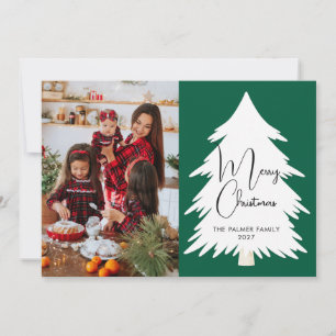Simple Merry Christmas Pine Tree family photo Holiday Card