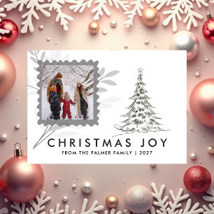 Simple Merry Christmas Pine Tree family photo Holiday Card