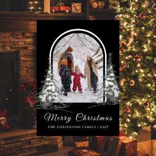 Simple Merry Christmas Pine Tree family photo Holiday Card