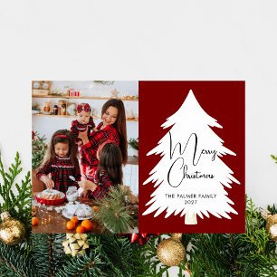 Simple Merry Christmas Pine Tree family photo Holiday Card