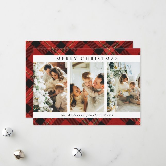 Simple Merry Christmas Red Tartan Plaid Photo Holiday Card (Front/Back In Situ)