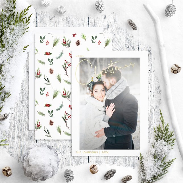 Simple Merry Christmas Red Winter Wedding Photo Foil Holiday Card (Creator Uploaded)