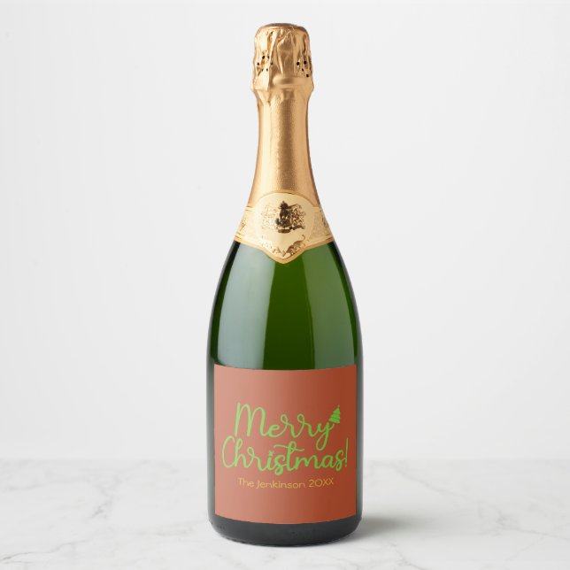 Simple Merry Christmas Reddish-Brown Sparkling Wine Label (Front)