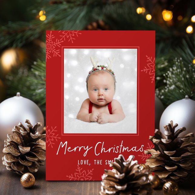 Simple Merry Christmas Script Snowflakes Photo Holiday Card (Simple Merry Christmas Script Snowflakes Photo Holiday Card)