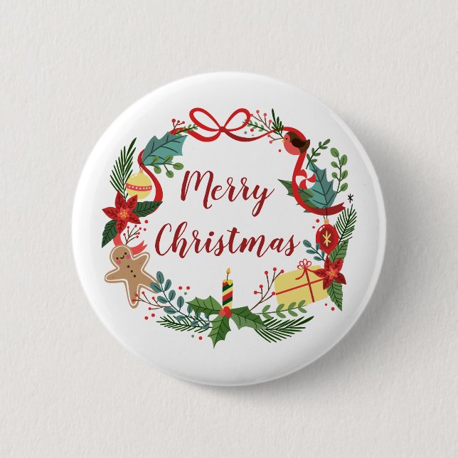 Simple Merry Christmas Wreath | Pin Button (Front)