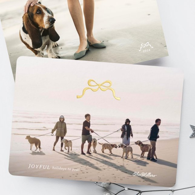 simple merry minimalist photo gold christmas bow  foil holiday card (Creator Uploaded)