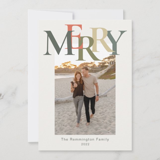 Simple Merry Photo Flat Sage Orange Ivory Holiday Card (Front)