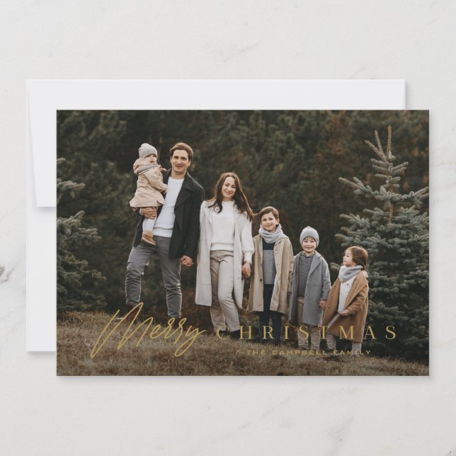 Simple Merry Script 3 Photo Christmas Holiday Card (Front)