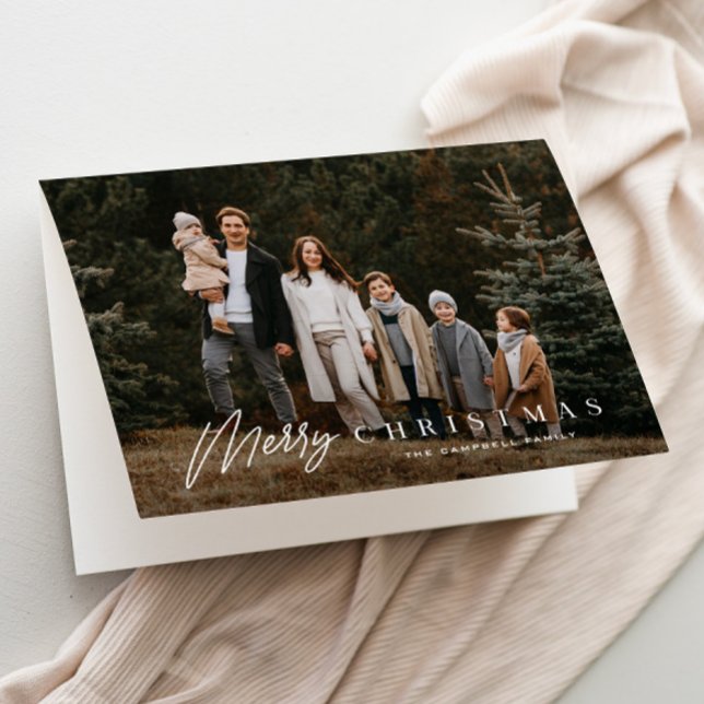 Simple Merry Script 3 Photo Christmas Holiday Card (Elegant Type Overlay 3 Photo Christmas Holiday Cards.)