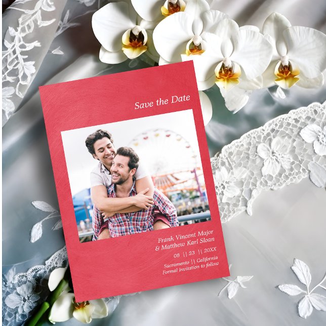 Simple Metallic Effect Engaged Gay Couple Photo Save The Date (Simple Wedding Announcement Custom Photo with a Metallic Effect  Save the Date Card.)