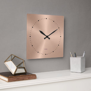 Simple Metallic Rose-Gold-Stainless Steel Look Square Wall Clock