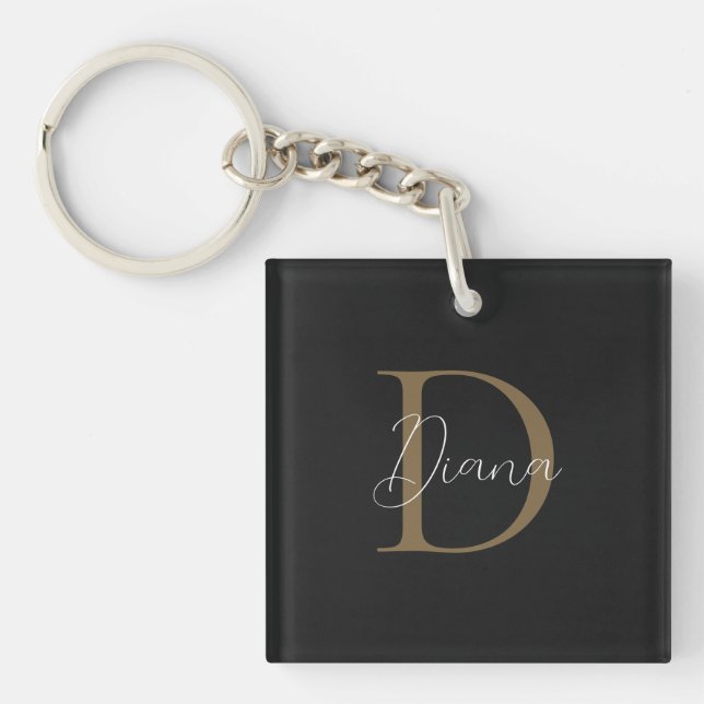 Simple Midnight Black Mossy Gold Script Monogram Key Ring (Front)