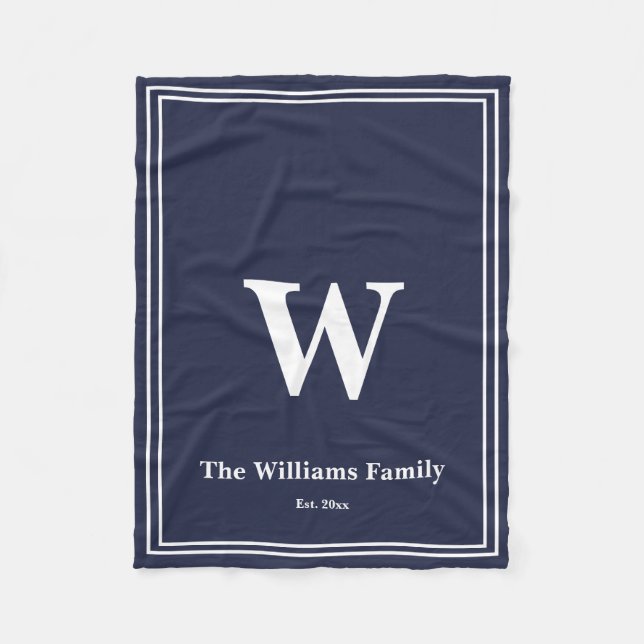 Simple Midnight Blue White Monogram & Name Fleece Blanket (Front)