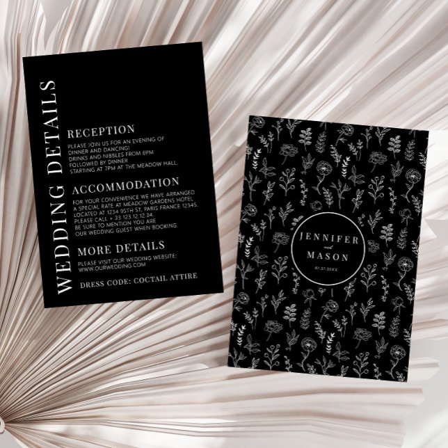 Simple milalist black floral wedding details enclosure card (Creator Uploaded)