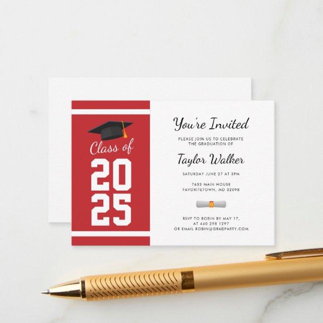 Simple Mini Graduation 2025 Red Party Invitation (Front/Back In Situ)