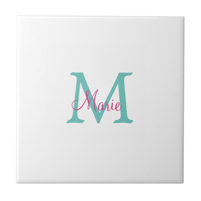 simple minimal add name monogram green pink blue t ceramic tile (Front)