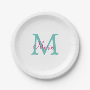 simple minimal add name monogram green pink blue t paper plate