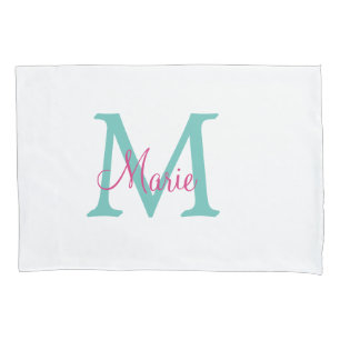 simple minimal add name monogram green pink blue t pillowcase