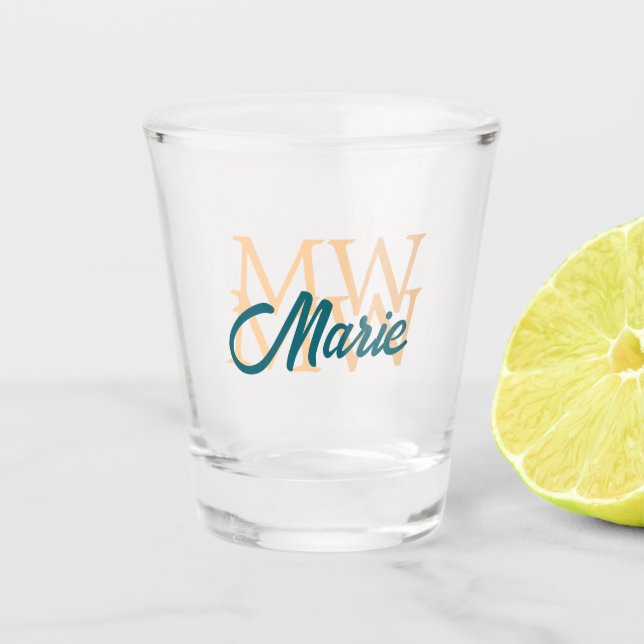 simple minimal add name monogram orange blue bold shot glass (Front)