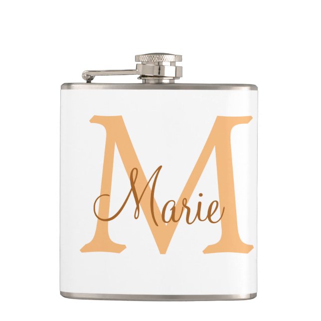 simple minimal add name monogram orange brown  thr hip flask (Front)