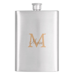 simple minimal add name monogram orange brown  thr hip flask