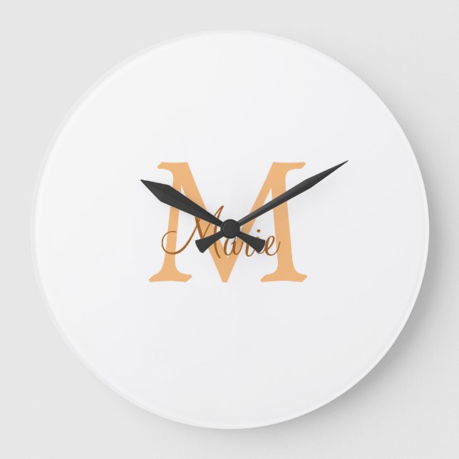 simple minimal add name monogram orange brown  thr large clock (Front)