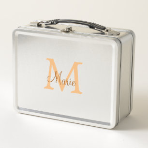 simple minimal add name monogram orange brown thr metal lunch box
