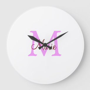 simple minimal add name monogram pink red large clock