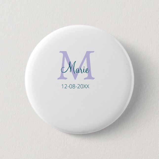 simple minimal add name monogram purple green date 6 cm round badge (Front)