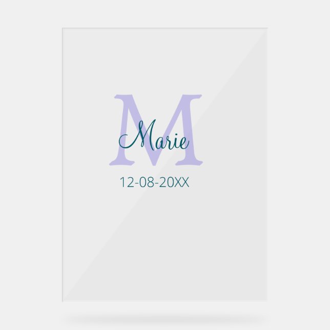 simple minimal add name monogram purple green date acrylic sign (Front)
