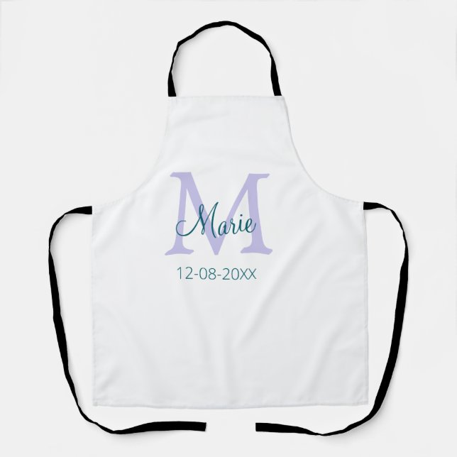 simple minimal add name monogram purple green date apron (Front)