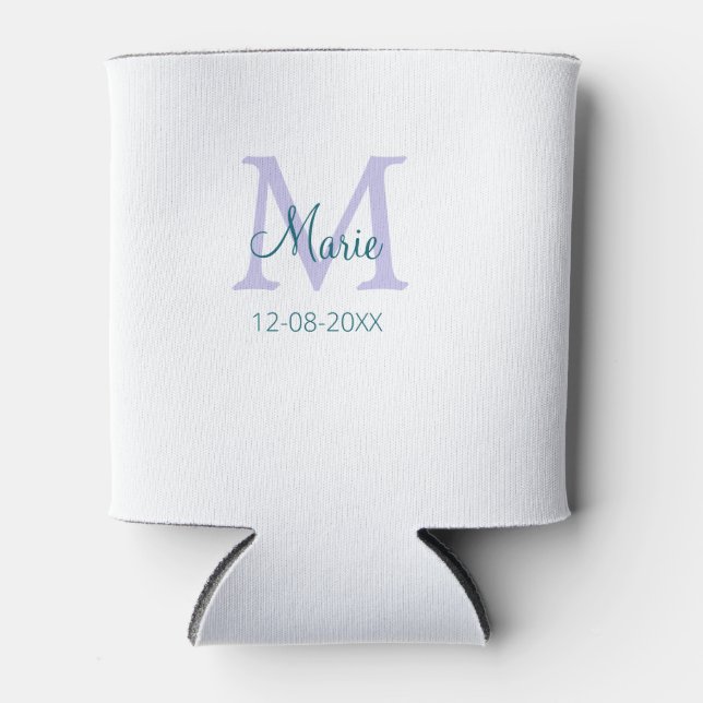 simple minimal add name monogram purple green date can cooler (Front)