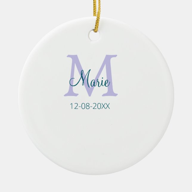 simple minimal add name monogram purple green date ceramic ornament (Front)
