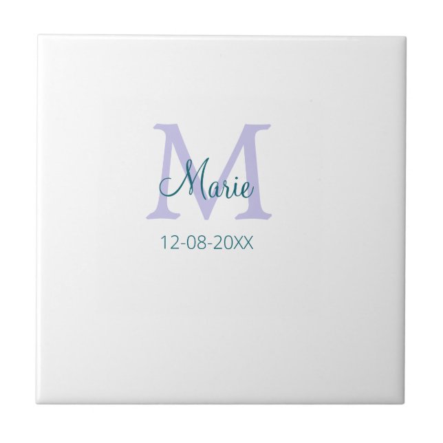 simple minimal add name monogram purple green date ceramic tile (Front)