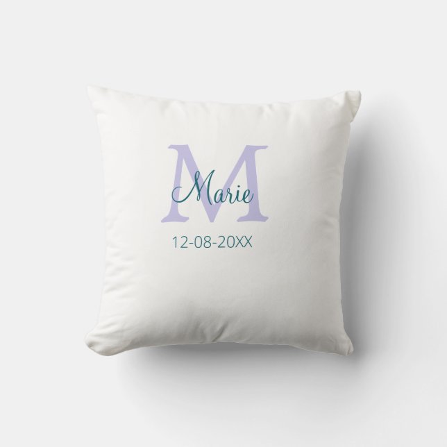 simple minimal add name monogram purple green date cushion (Front)
