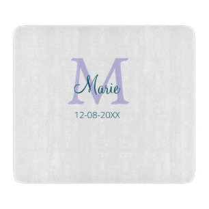 simple minimal add name monogram purple green date cutting board