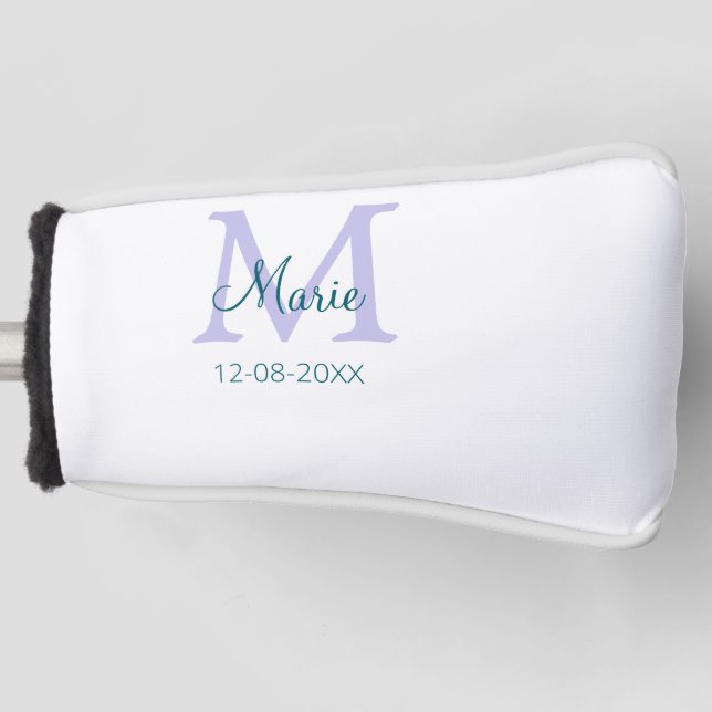 simple minimal add name monogram purple green date golf head cover (Front)