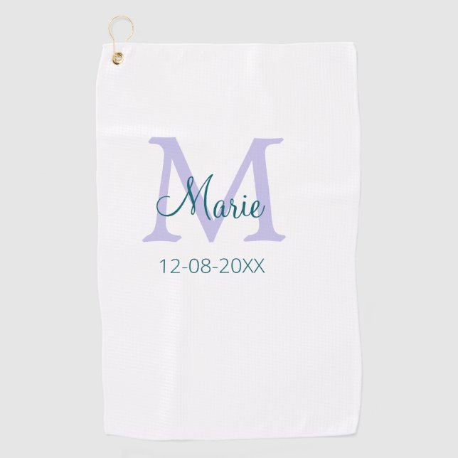 simple minimal add name monogram purple green date golf towel (Front)