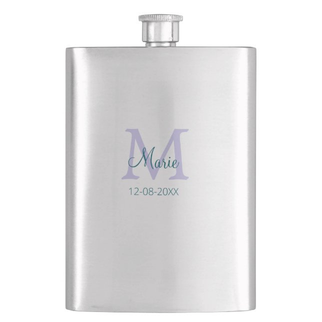 simple minimal add name monogram purple green date hip flask (Front)
