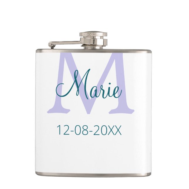 simple minimal add name monogram purple green date hip flask (Front)