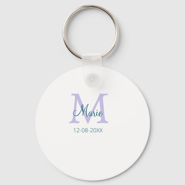 simple minimal add name monogram purple green date key ring (Front)
