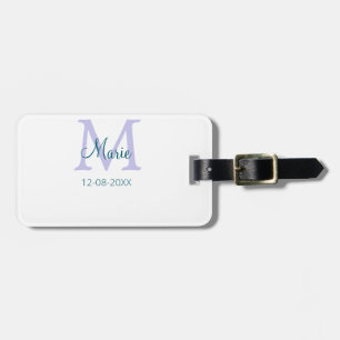 simple minimal add name monogram purple green date luggage tag