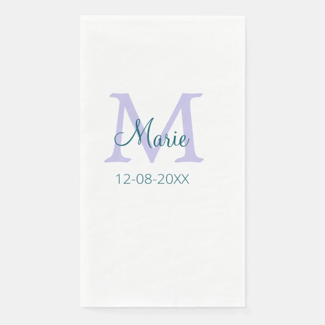 simple minimal add name monogram purple green date napkin (Front)
