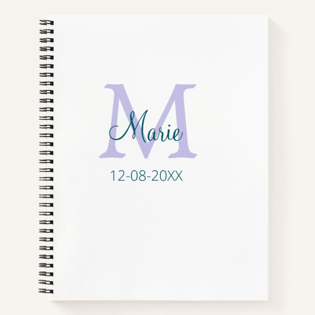 simple minimal add name monogram purple green date notebook (Front)