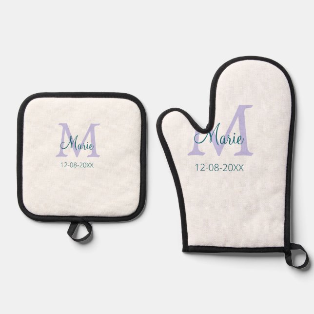 simple minimal add name monogram purple green date oven mitt & pot holder set (Front)