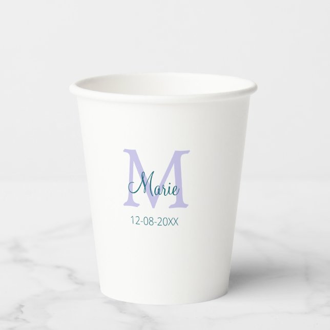simple minimal add name monogram purple green date paper cups (Front)