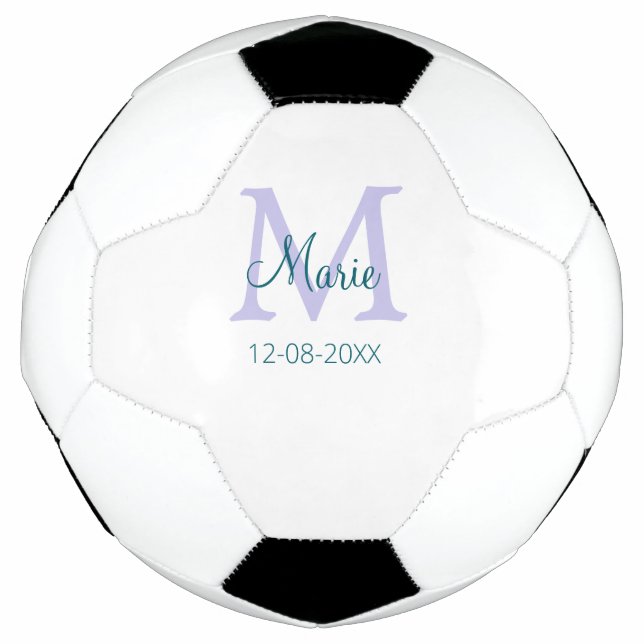 simple minimal add name monogram purple green date soccer ball (Front)