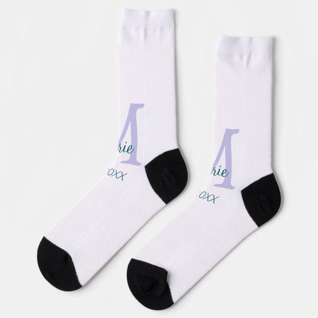 simple minimal add name monogram purple green date socks (Left)