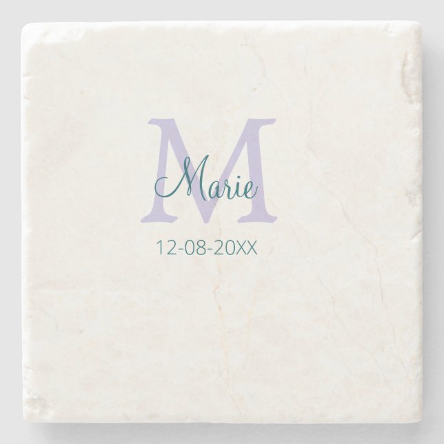 simple minimal add name monogram purple green date stone coaster (Front)