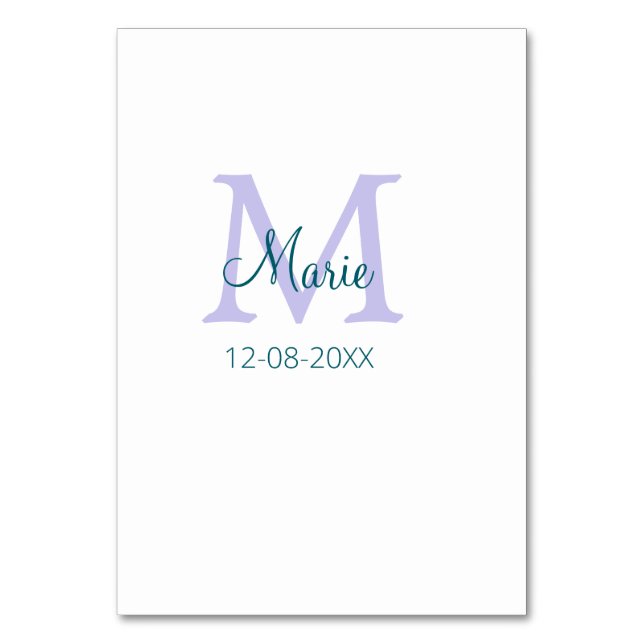 simple minimal add name monogram purple green date table number (Front)